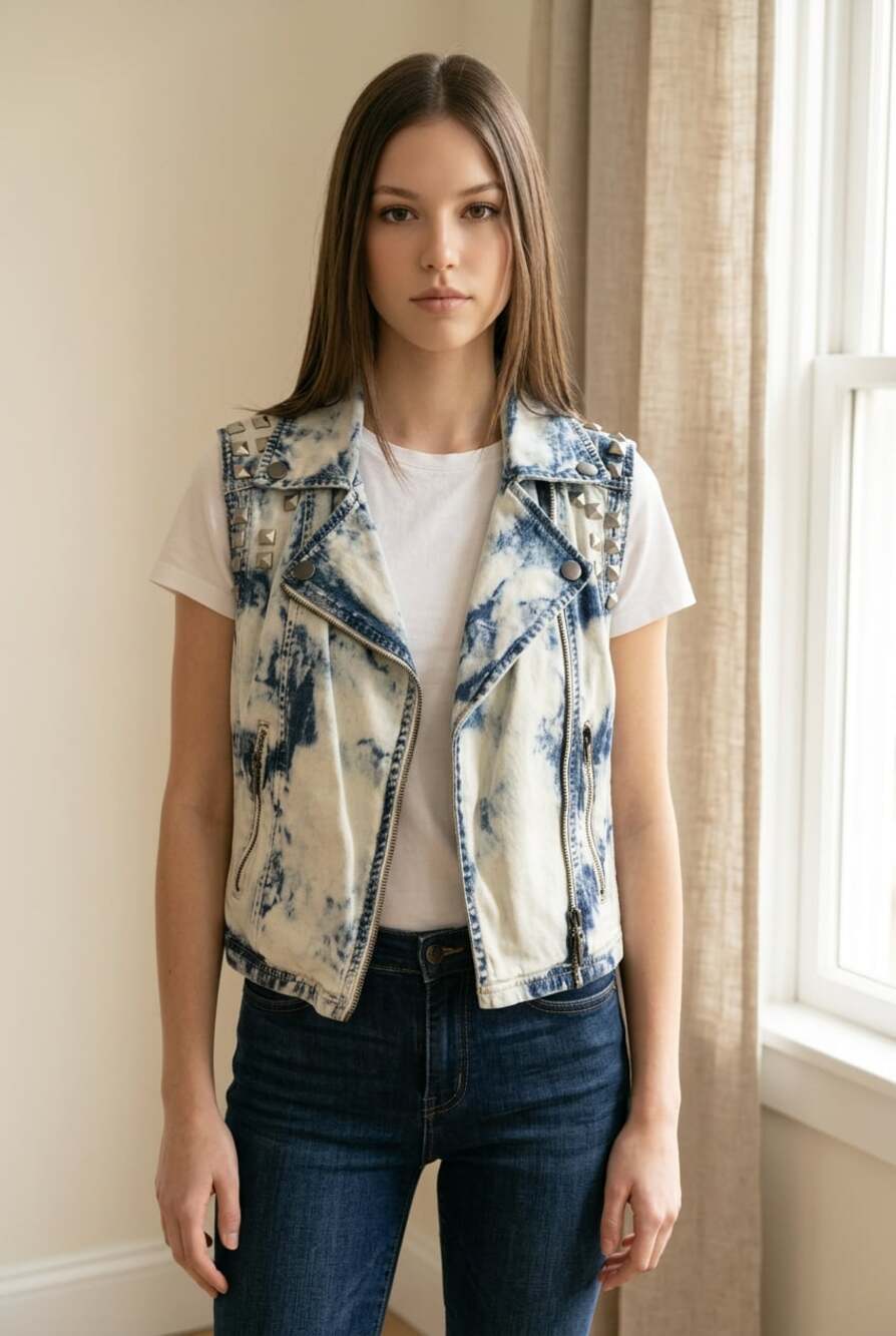 Bullhead Denim Co. Acid Wash Studded Sleeveless Motorcycle Vest-Small